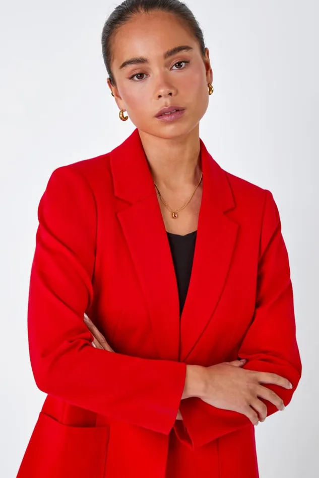 Women Red Petite Pocket Detail Stretch Blazer Roman Jackets