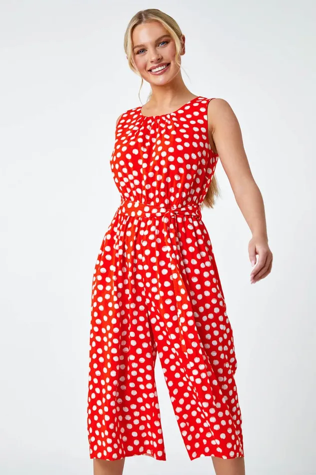 Women Red Petite Polka Dot Cropped Jumpsuit Roman Jumpsuits and Playsuits