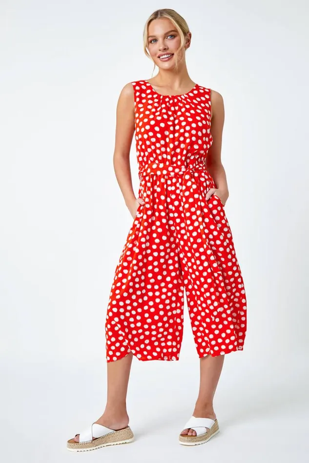 Women Red Petite Polka Dot Cropped Jumpsuit Roman Jumpsuits and Playsuits