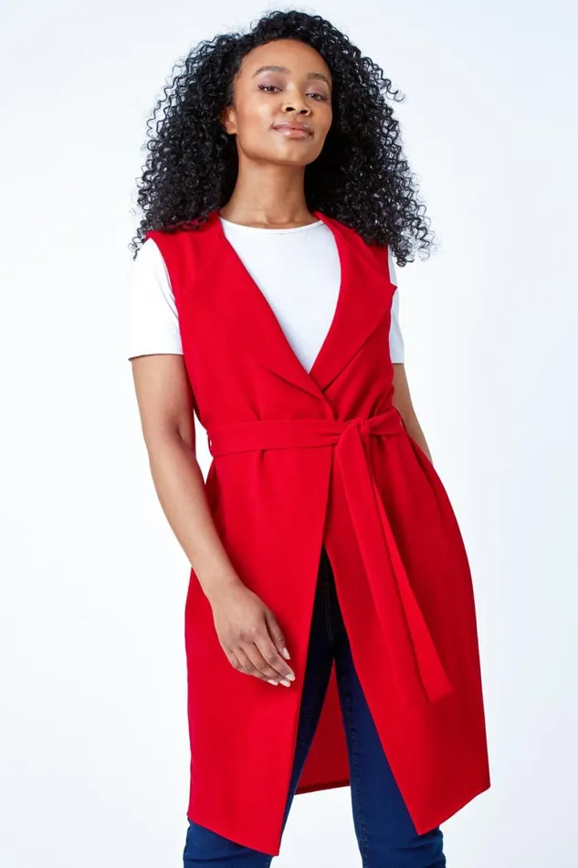 Women Red Petite Sleeveless Longline Jacket Roman Jackets
