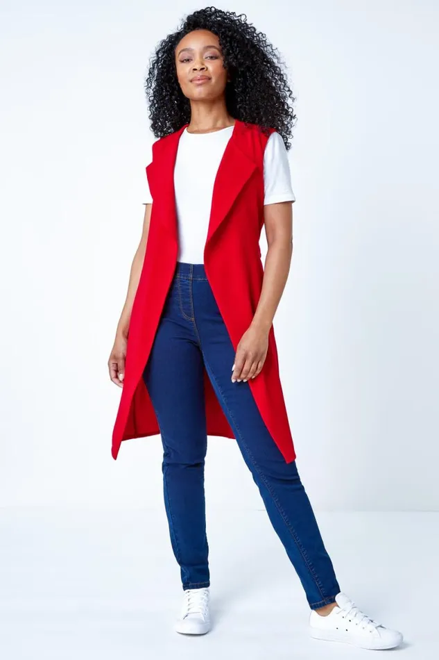 Women Red Petite Sleeveless Longline Jacket Roman Jackets