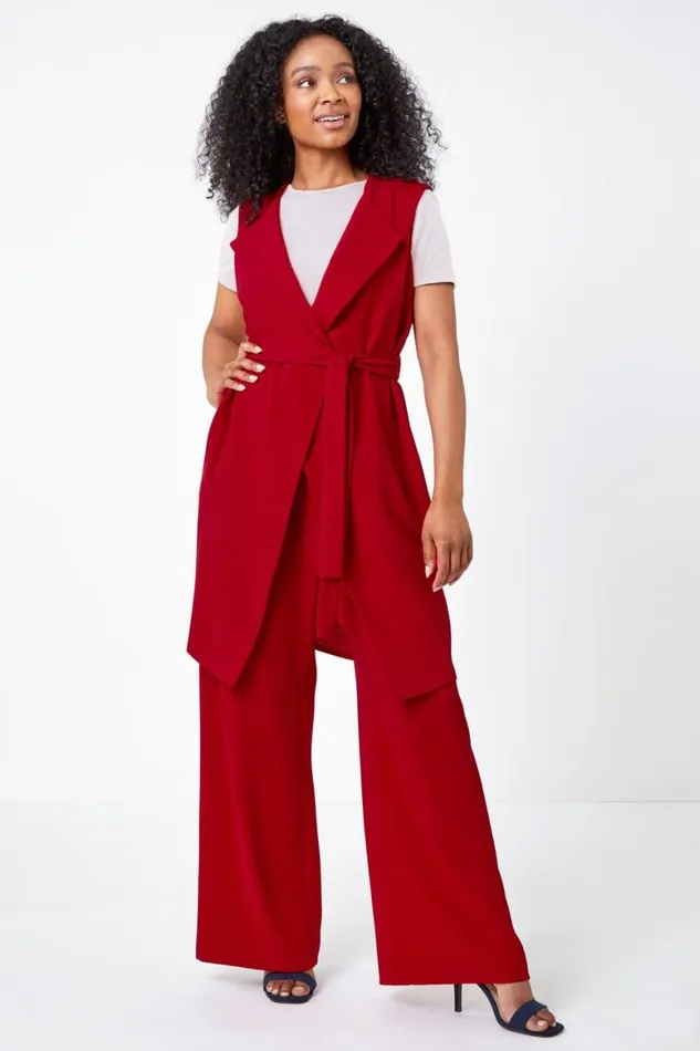 Women Red Petite Sleeveless Longline Jacket Roman Jackets