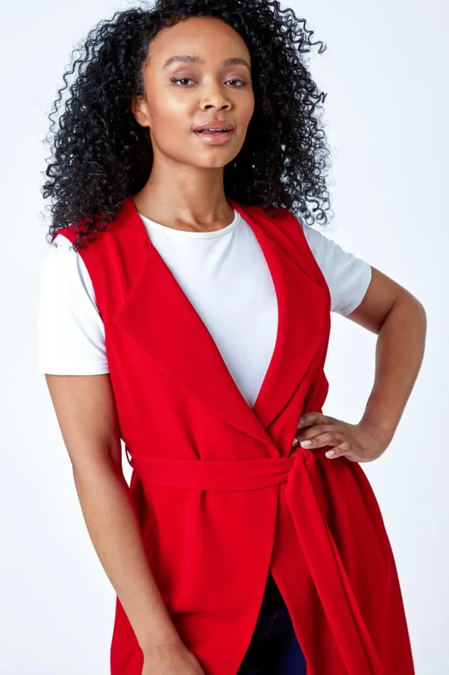Women Red Petite Sleeveless Longline Jacket Roman Jackets