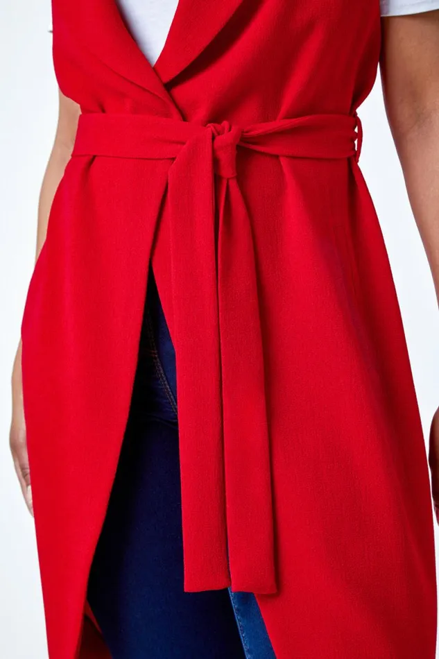 Women Red Petite Sleeveless Longline Jacket Roman Jackets