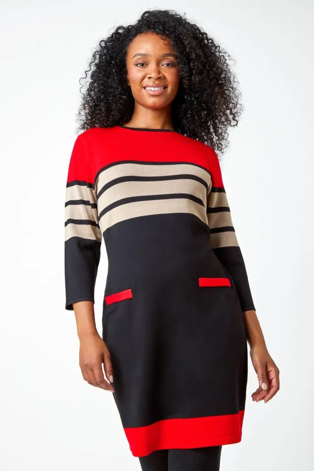 Women Red Petite Stripe Print Pocket Jumper Dress Roman Dresses