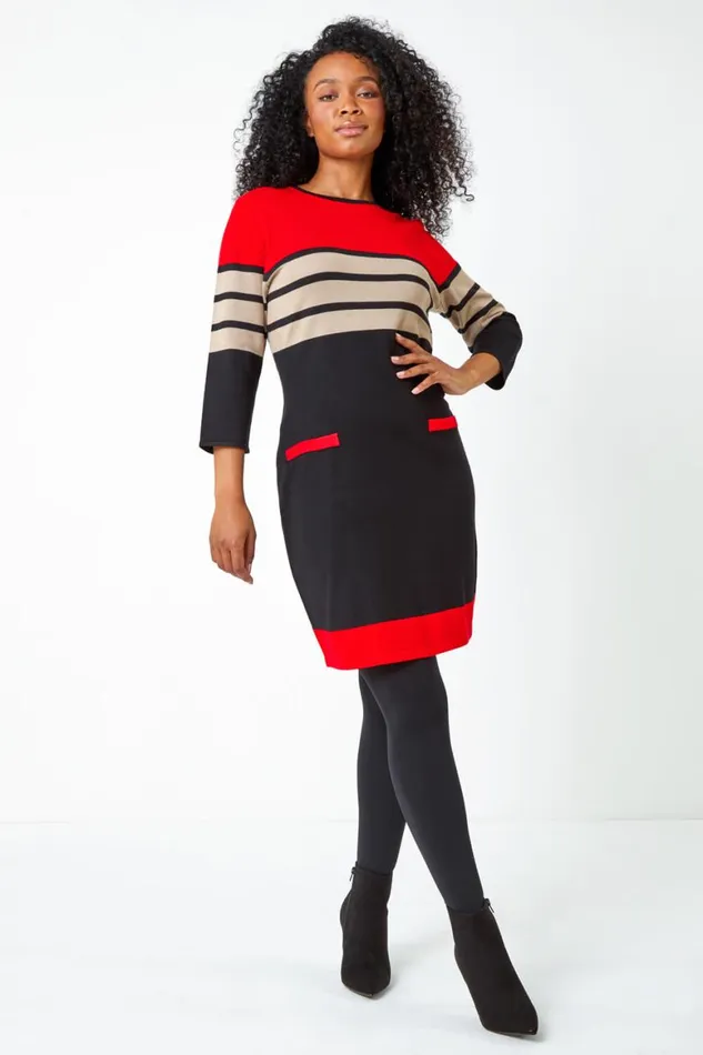 Women Red Petite Stripe Print Pocket Jumper Dress Roman Dresses