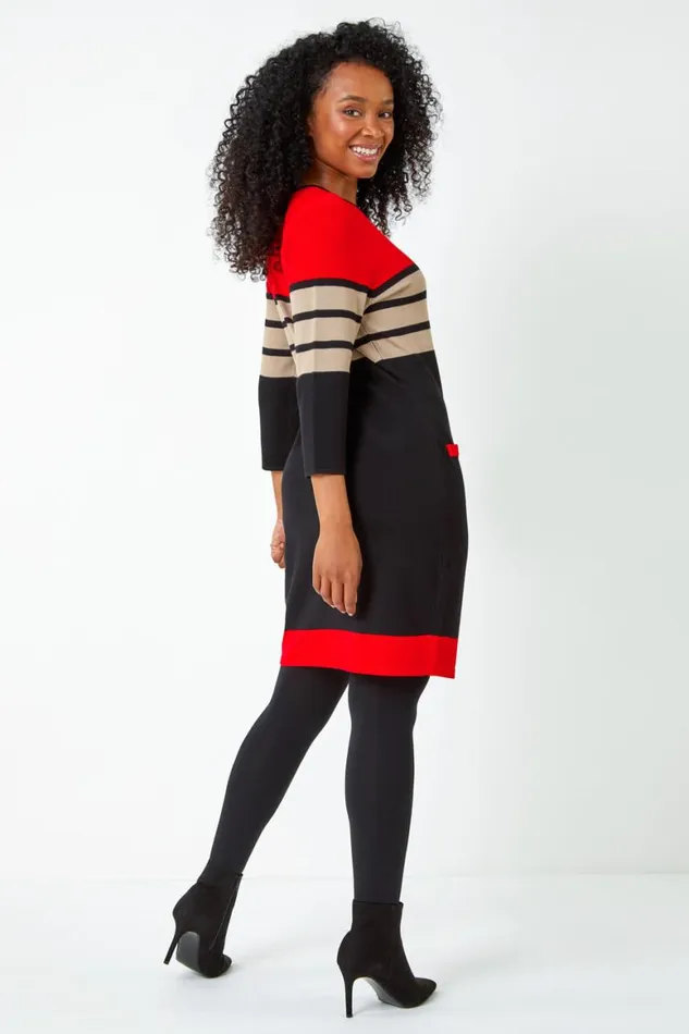Women Red Petite Stripe Print Pocket Jumper Dress Roman Dresses