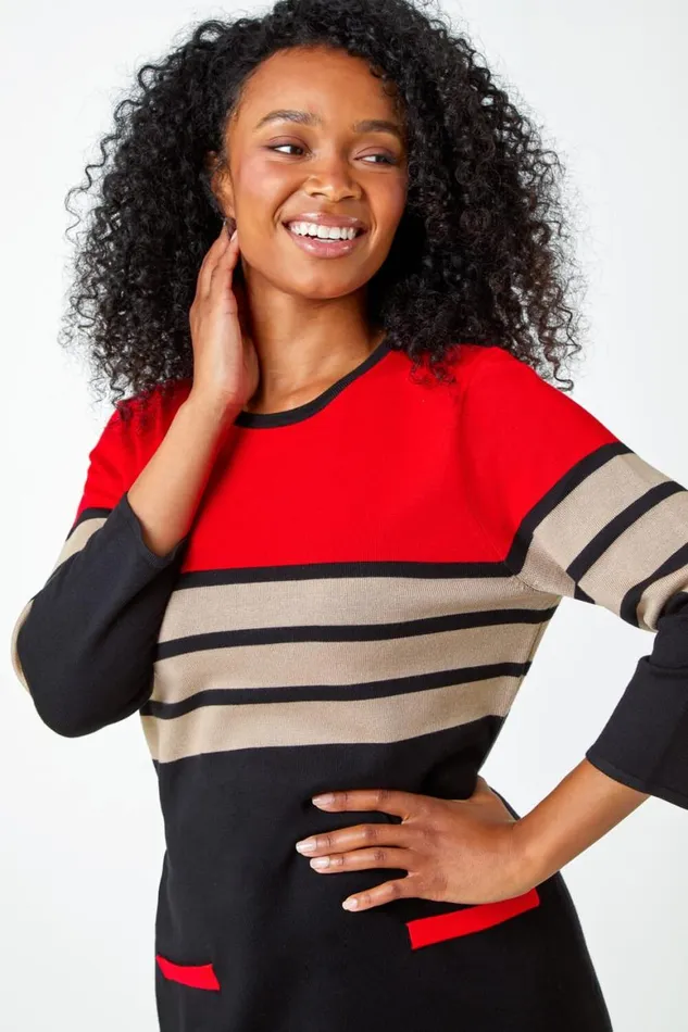 Women Red Petite Stripe Print Pocket Jumper Dress Roman Dresses