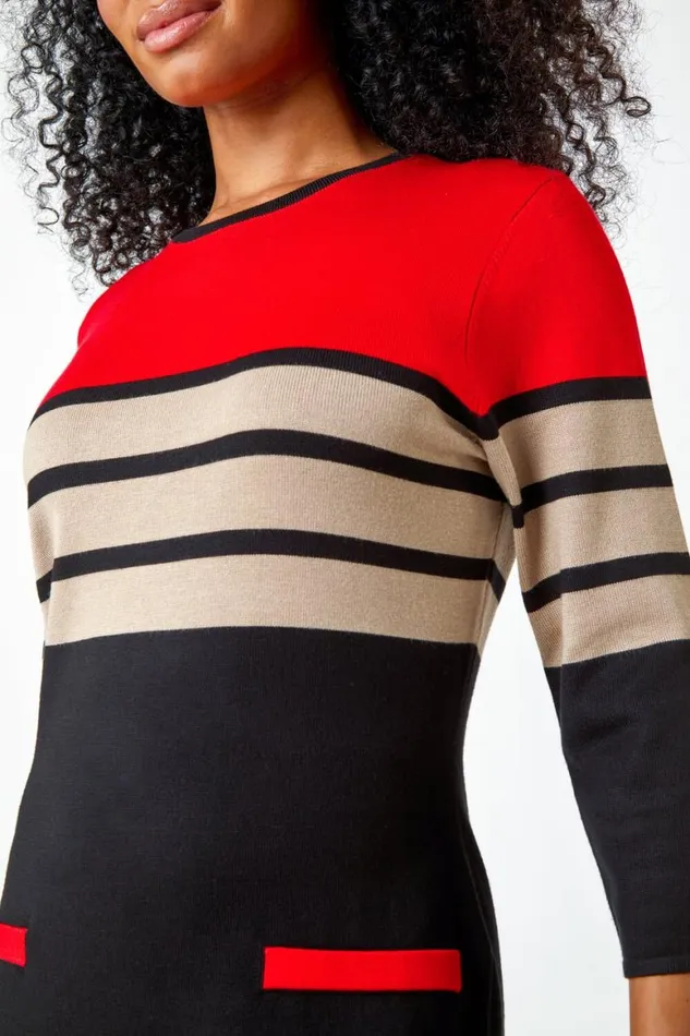Women Red Petite Stripe Print Pocket Jumper Dress Roman Dresses