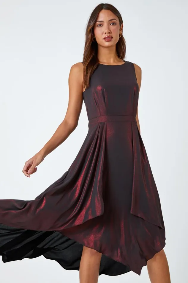 Women Red Pleat Detail Shimmer Midi Dress Roman Dresses