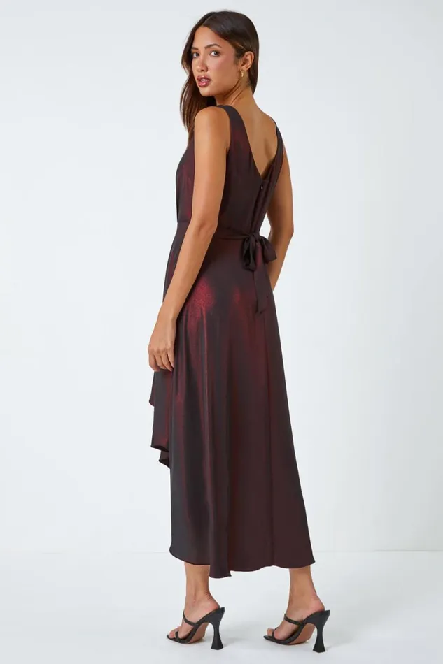 Women Red Pleat Detail Shimmer Midi Dress Roman Dresses