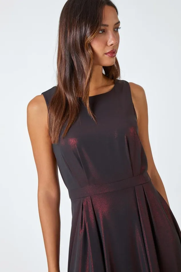 Women Red Pleat Detail Shimmer Midi Dress Roman Dresses