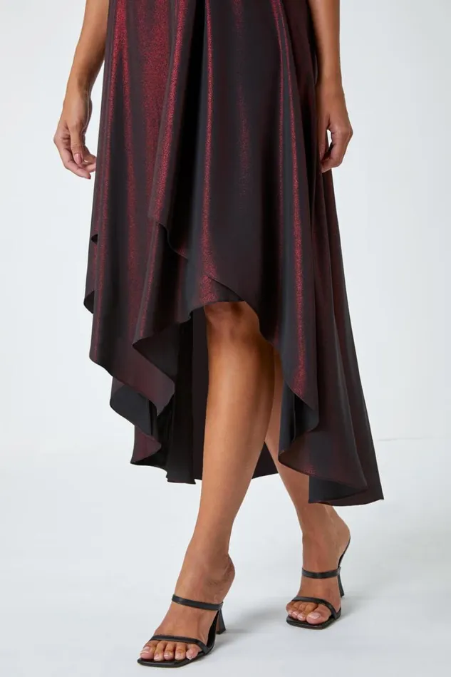 Women Red Pleat Detail Shimmer Midi Dress Roman Dresses