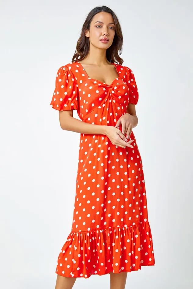 Women Red Polka Dot Twist Front Midi Dress Roman Dresses