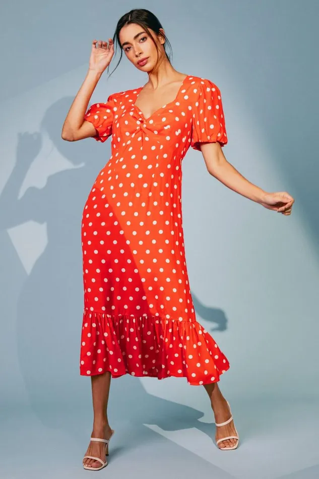 Women Red Polka Dot Twist Front Midi Dress Roman Dresses