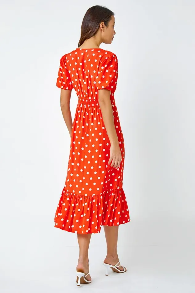 Women Red Polka Dot Twist Front Midi Dress Roman Dresses