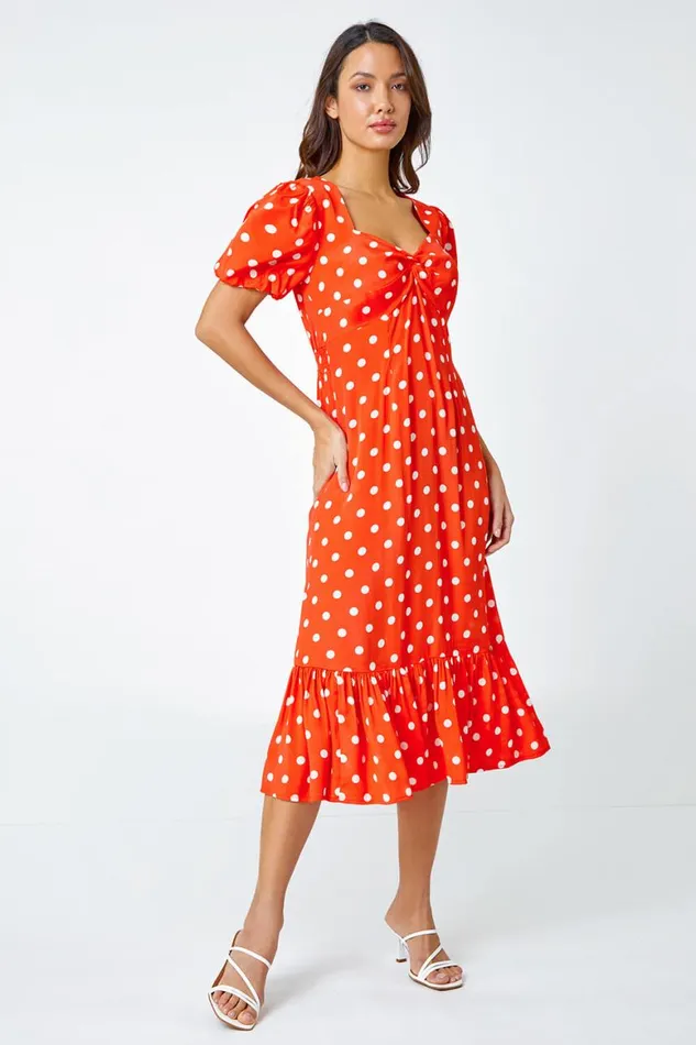 Women Red Polka Dot Twist Front Midi Dress Roman Dresses