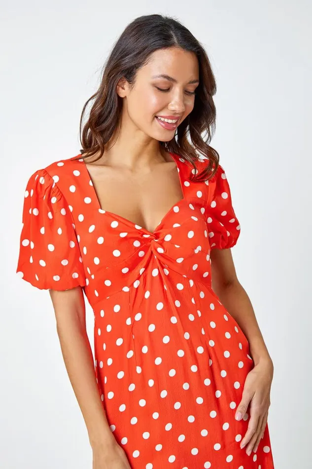 Women Red Polka Dot Twist Front Midi Dress Roman Dresses