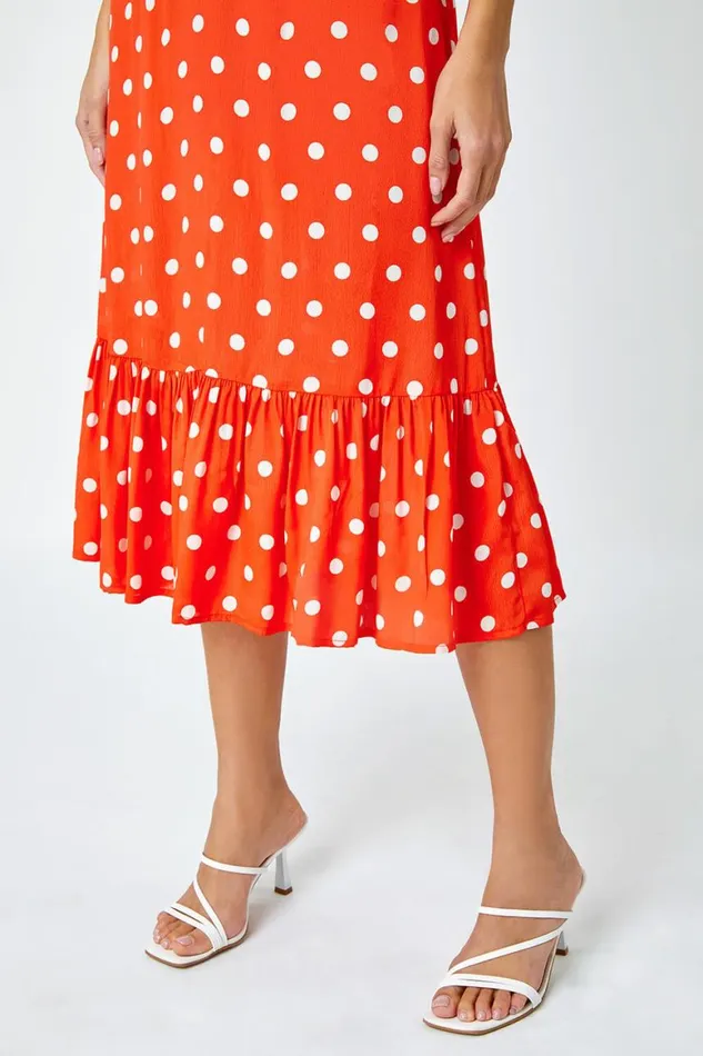 Women Red Polka Dot Twist Front Midi Dress Roman Dresses