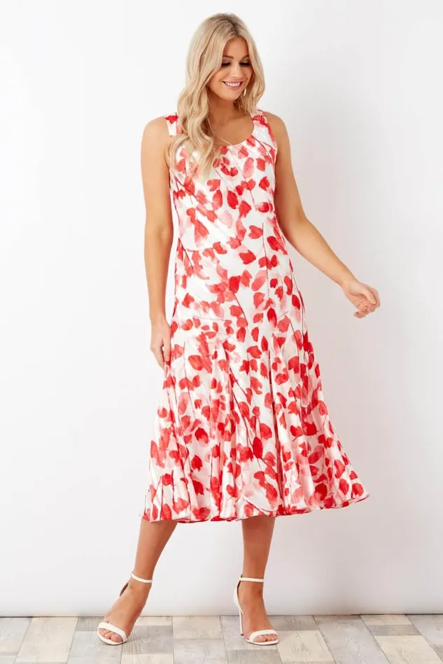 Women Red Poppy Print Bias Cut Midi Dress Roman Dresses