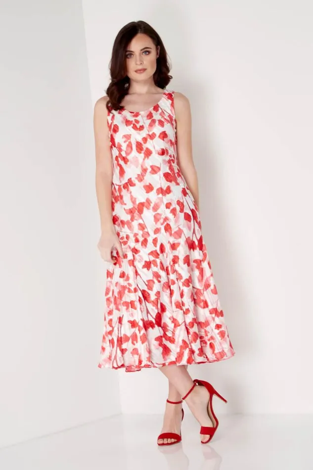 Women Red Poppy Print Bias Cut Midi Dress Roman Dresses