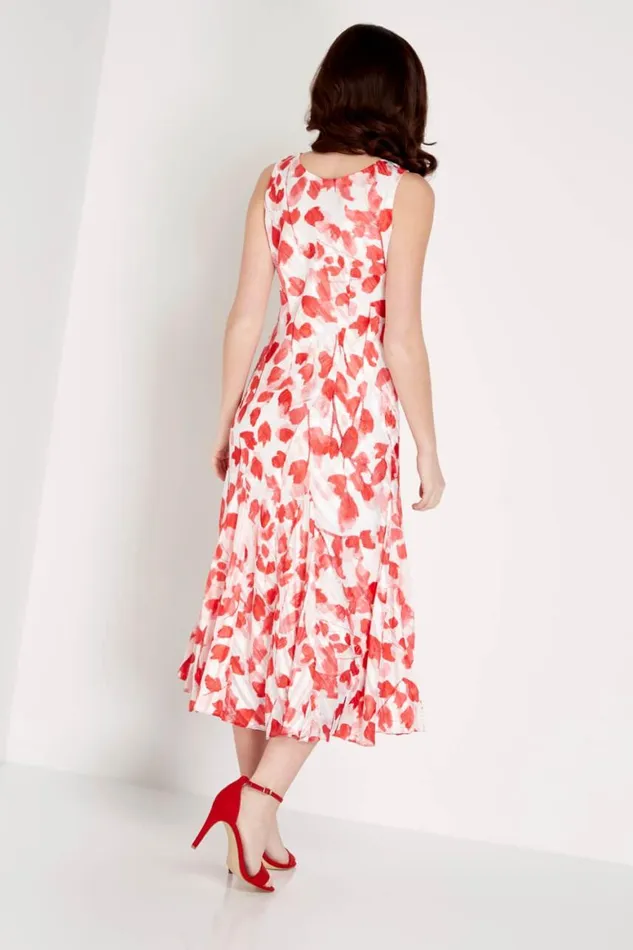 Women Red Poppy Print Bias Cut Midi Dress Roman Dresses