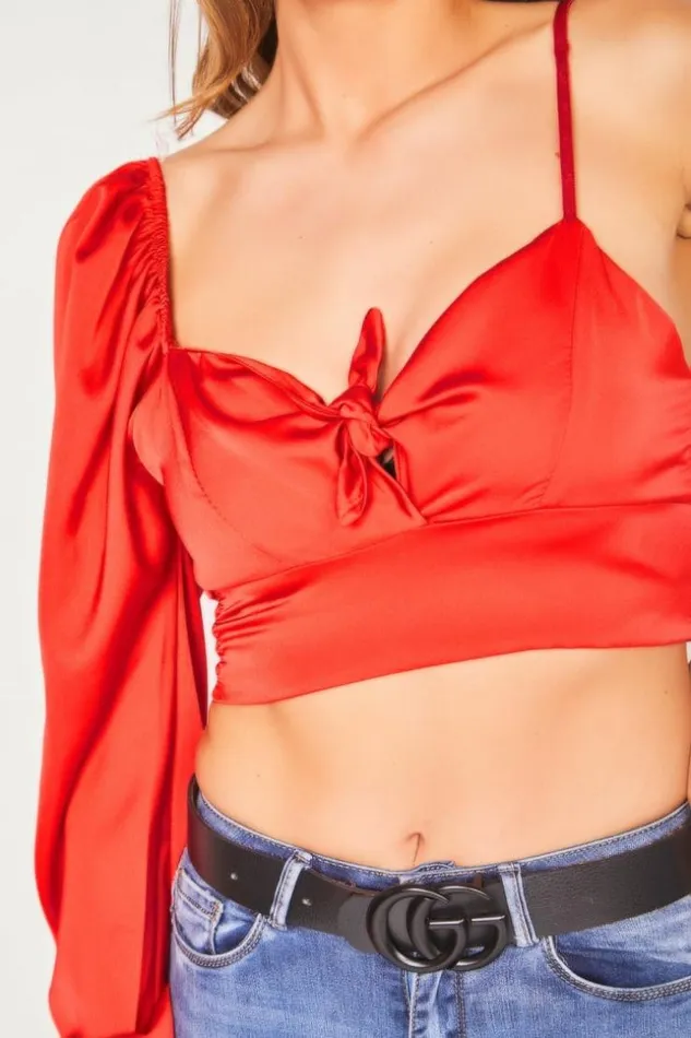 Women Red Satin One Shoulder Crop Top Red Brentiny Paris Lace Tops