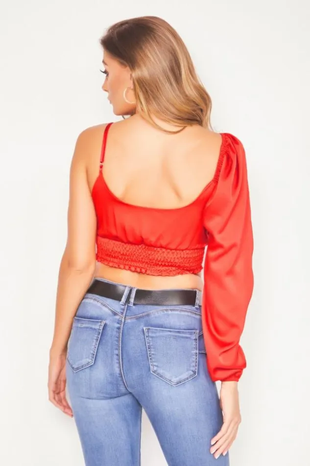 Women Red Satin One Shoulder Crop Top Red Brentiny Paris Lace Tops