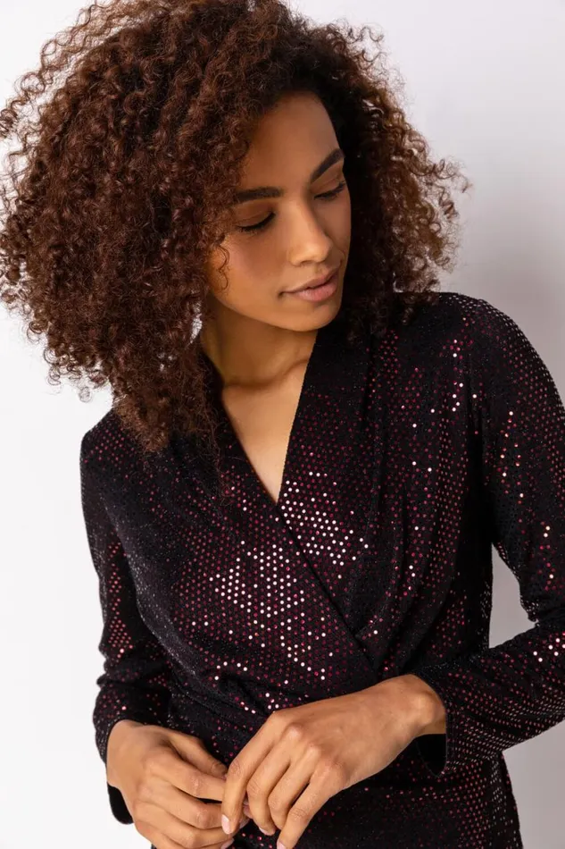 Women Red Sequin Embellished Ruched Wrap Dress Roman Dresses