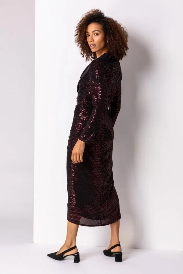Women Red Sequin Embellished Ruched Wrap Dress Roman Dresses