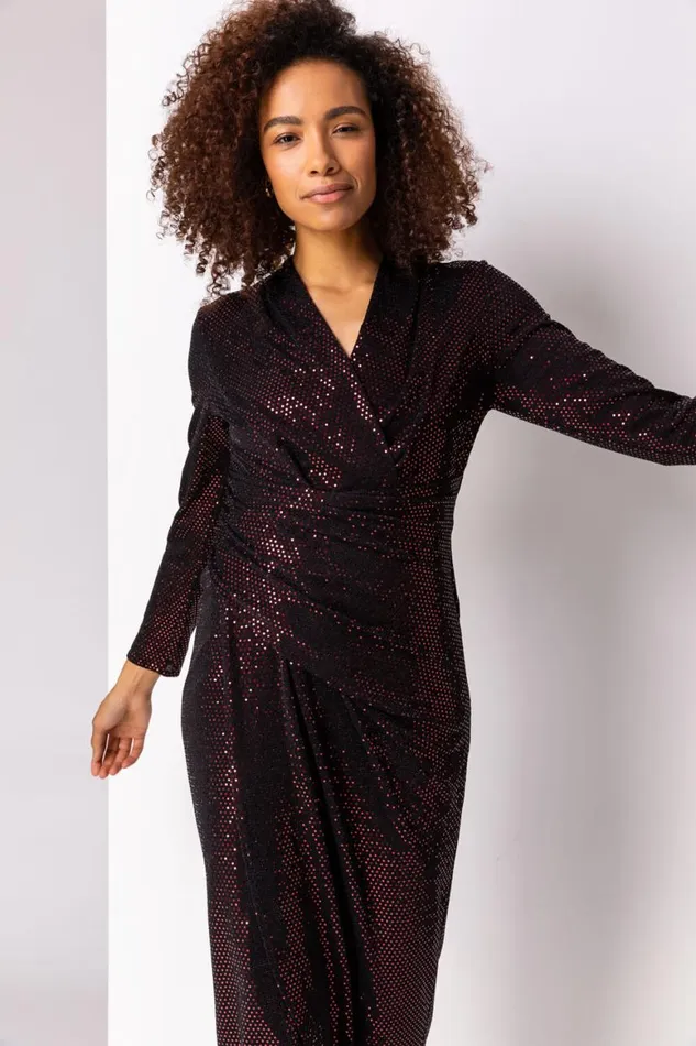 Women Red Sequin Embellished Ruched Wrap Dress Roman Dresses