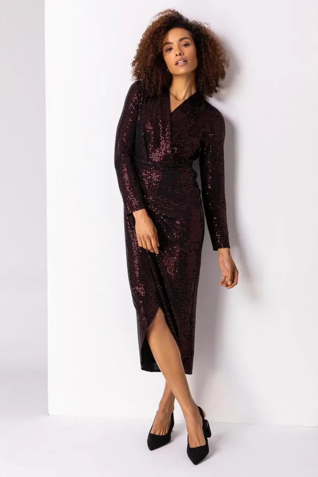 Women Red Sequin Embellished Ruched Wrap Dress Roman Dresses