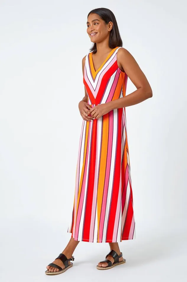 Women Red Sleeveless Stripe Print Midi Stretch Dress Roman Dresses