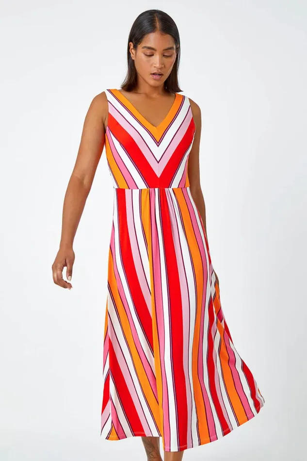 Women Red Sleeveless Stripe Print Midi Stretch Dress Roman Dresses