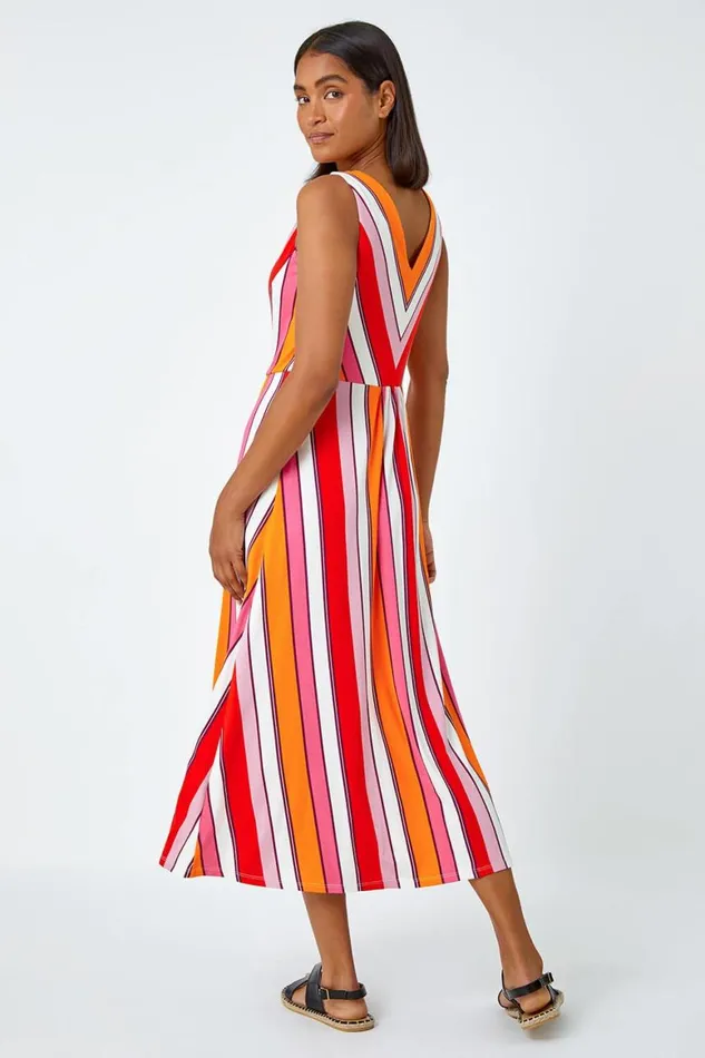 Women Red Sleeveless Stripe Print Midi Stretch Dress Roman Dresses