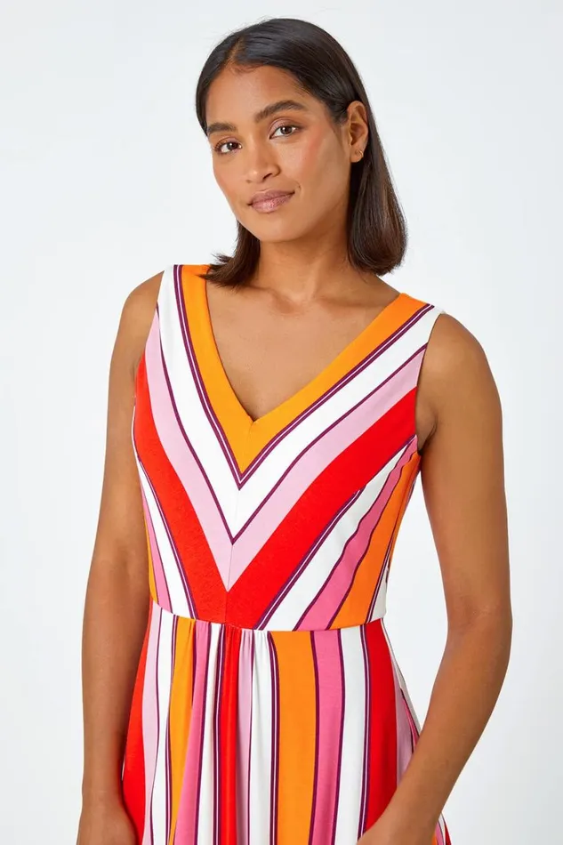Women Red Sleeveless Stripe Print Midi Stretch Dress Roman Dresses