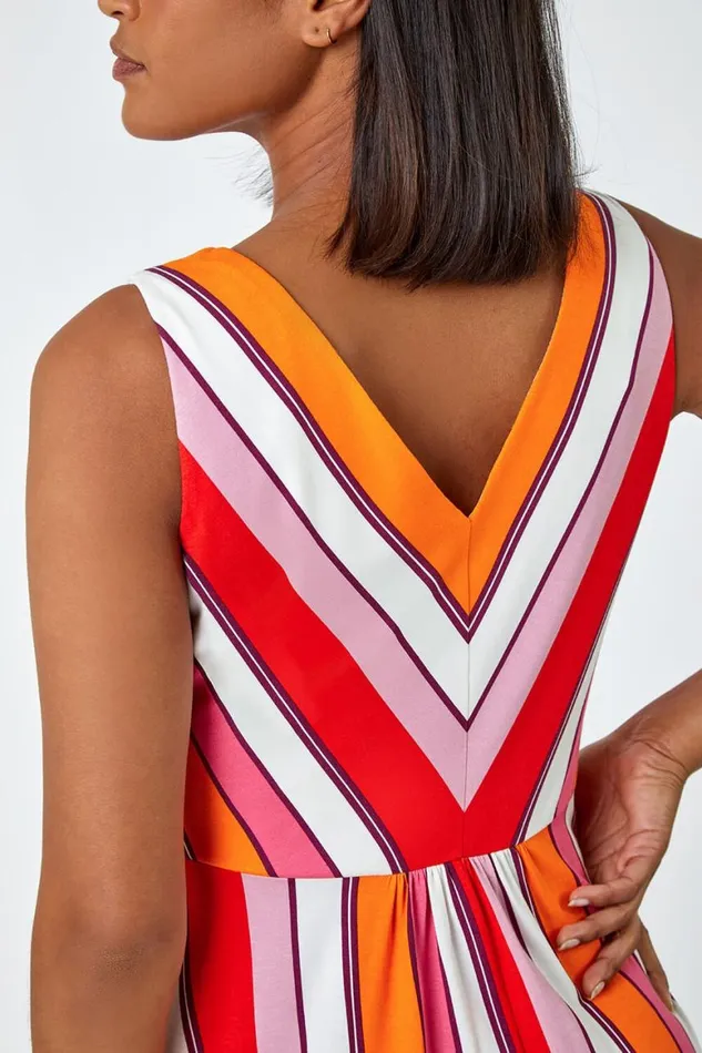 Women Red Sleeveless Stripe Print Midi Stretch Dress Roman Dresses