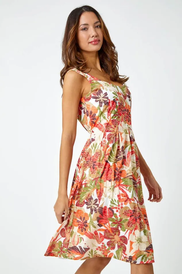 Women Red Sleeveless Tropical Pleated Stretch Dress Roman Dresses