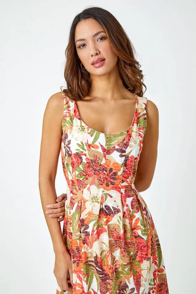 Women Red Sleeveless Tropical Pleated Stretch Dress Roman Dresses