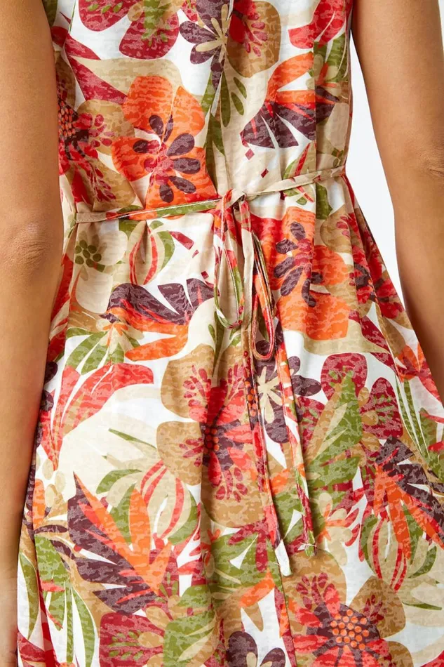 Women Red Sleeveless Tropical Pleated Stretch Dress Roman Dresses