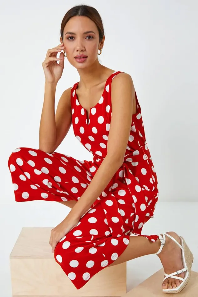 Women Red Spot Print Belted Jumpsuit Roman Dresses