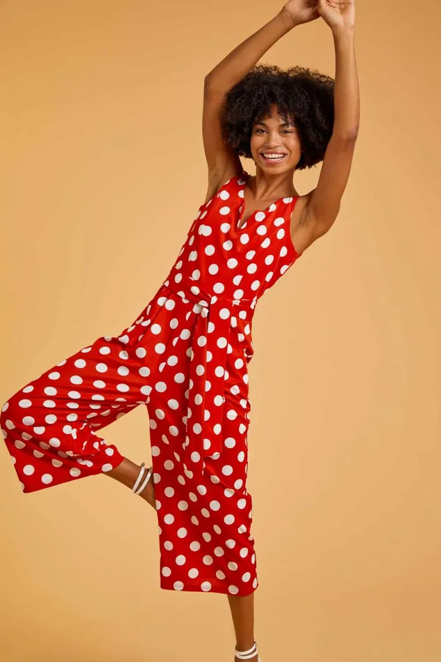 Women Red Spot Print Belted Jumpsuit Roman Dresses