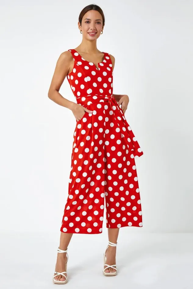 Women Red Spot Print Belted Jumpsuit Roman Dresses