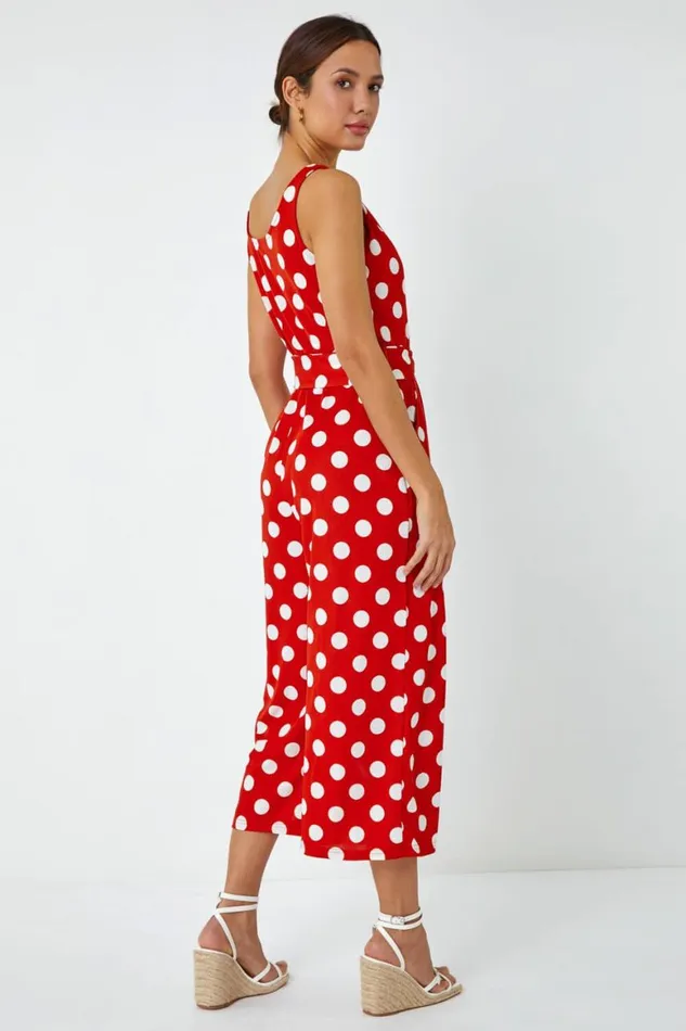 Women Red Spot Print Belted Jumpsuit Roman Dresses