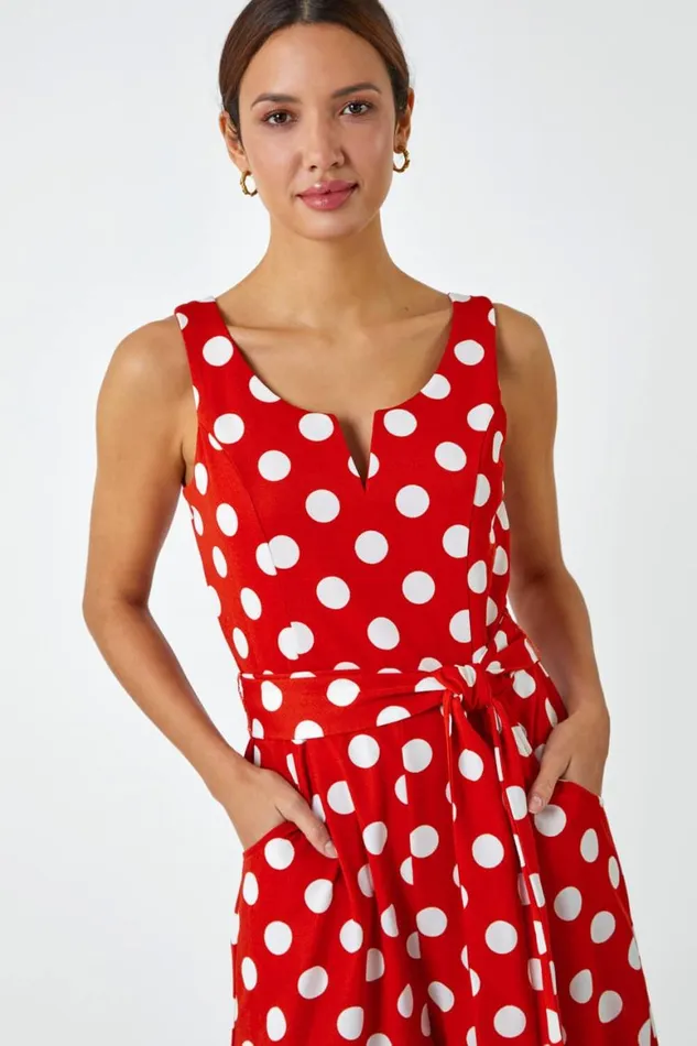 Women Red Spot Print Belted Jumpsuit Roman Dresses