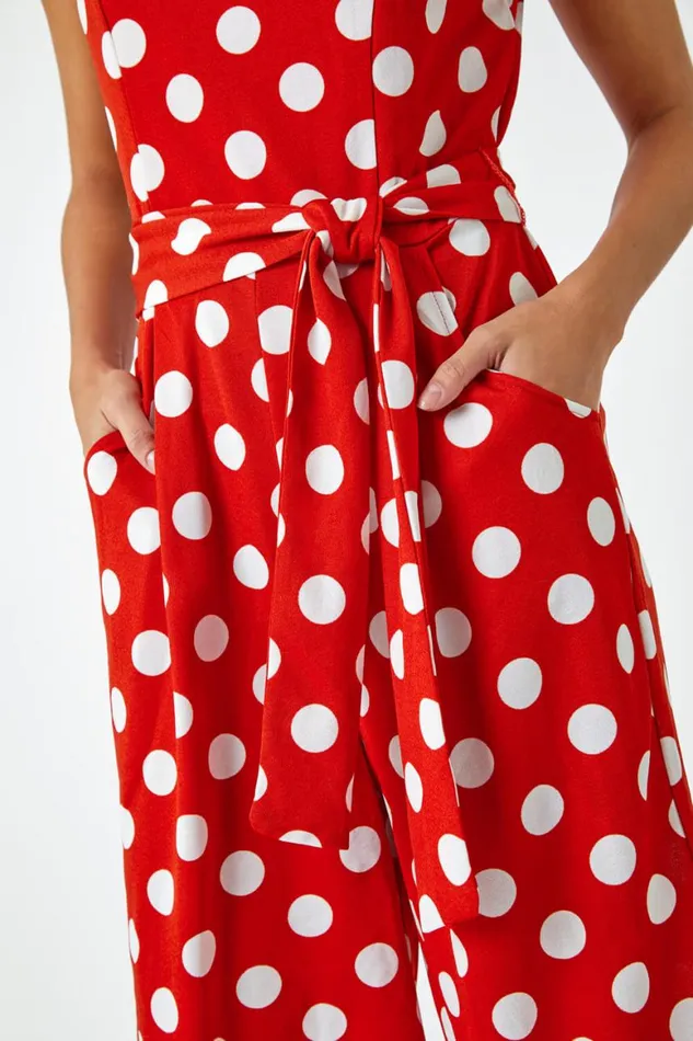 Women Red Spot Print Belted Jumpsuit Roman Dresses