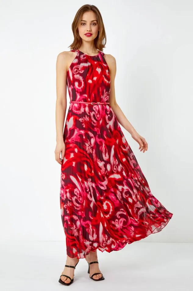 Women Red Swirl Print Pleated Maxi Dress Roman Dresses