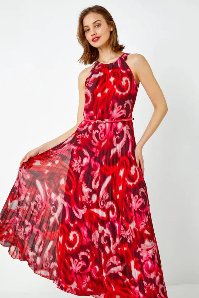 Women Red Swirl Print Pleated Maxi Dress Roman Dresses