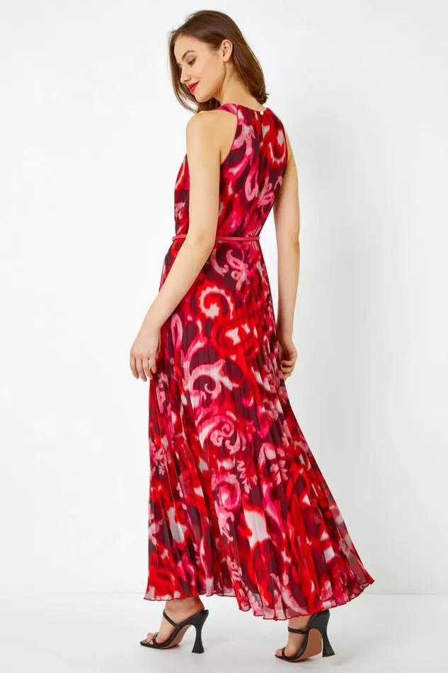 Women Red Swirl Print Pleated Maxi Dress Roman Dresses