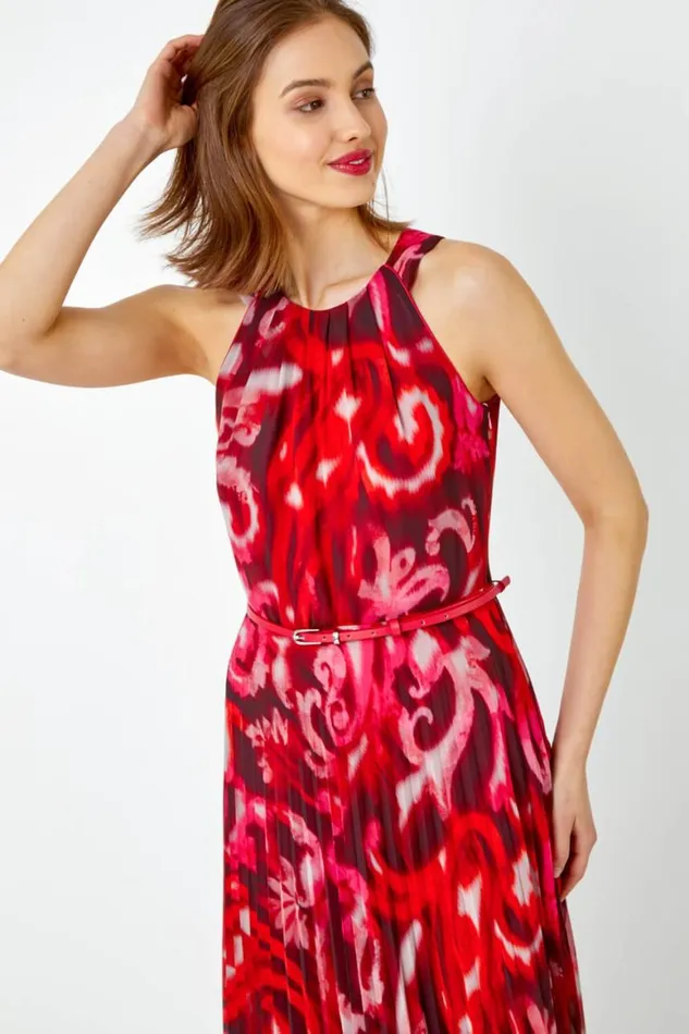 Women Red Swirl Print Pleated Maxi Dress Roman Dresses